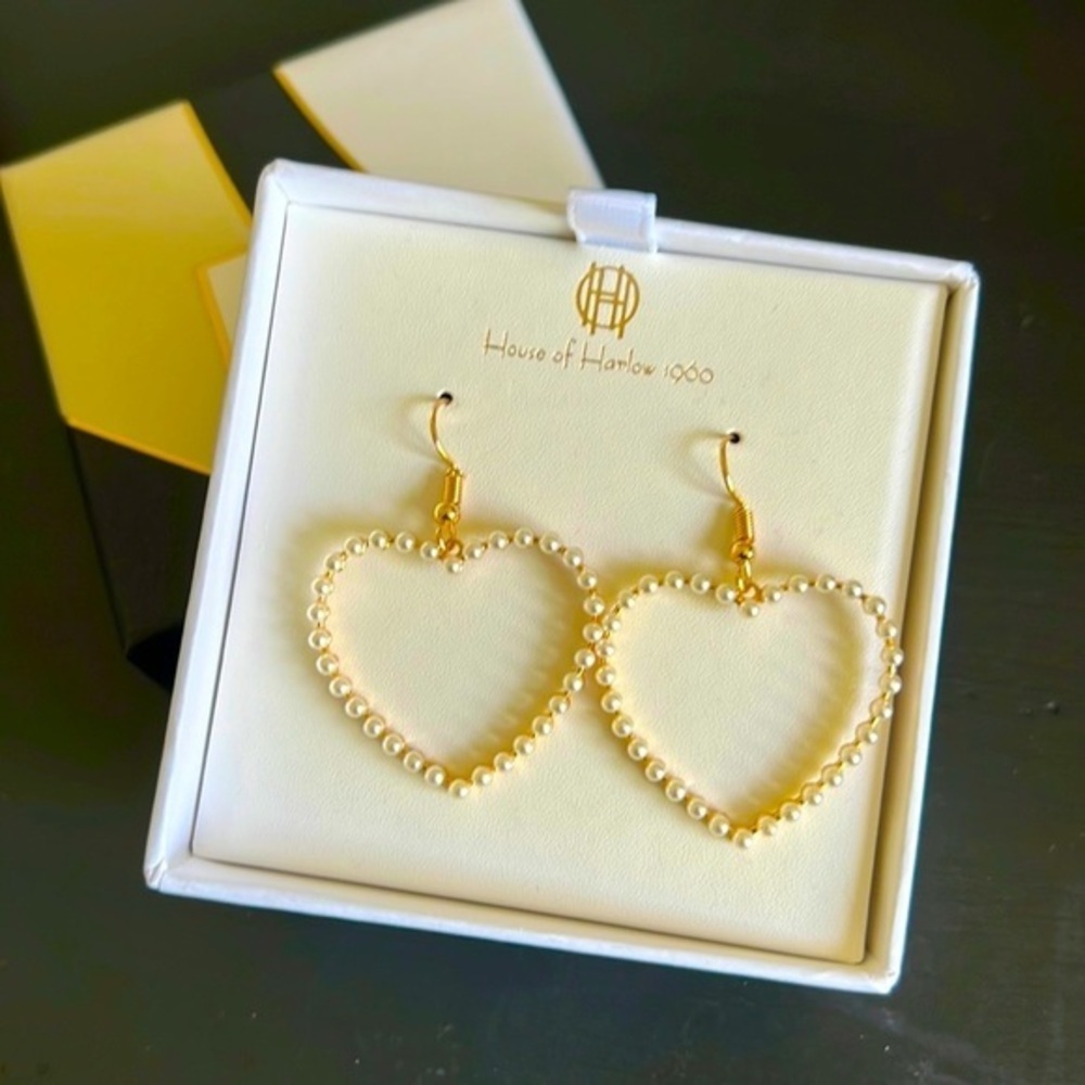 House of Harlow Pearl Embellished Heart Drop Earrings, Gold NWT - Picture 1 of 3